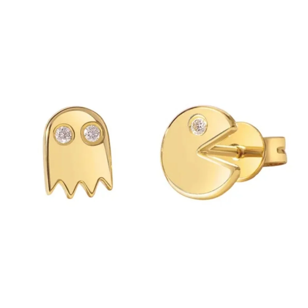 NEW 14k Gold Diamond Pac Man Stud Earrings - Picture 1 of 8